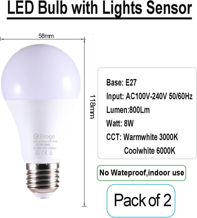 Detalle de Etrogo Lampadina crepuscolare E27 con sensore di luce bianco freddo 6000K 8W (2 pezzi)