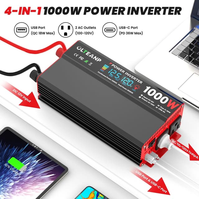 Detalle de OLTEANP 1000 Watt 12V DC to 110V/120V AC Car Power Inverter with LCD, 2 AC Outlets, USB-C (36W) and USB-A (5V/3A)