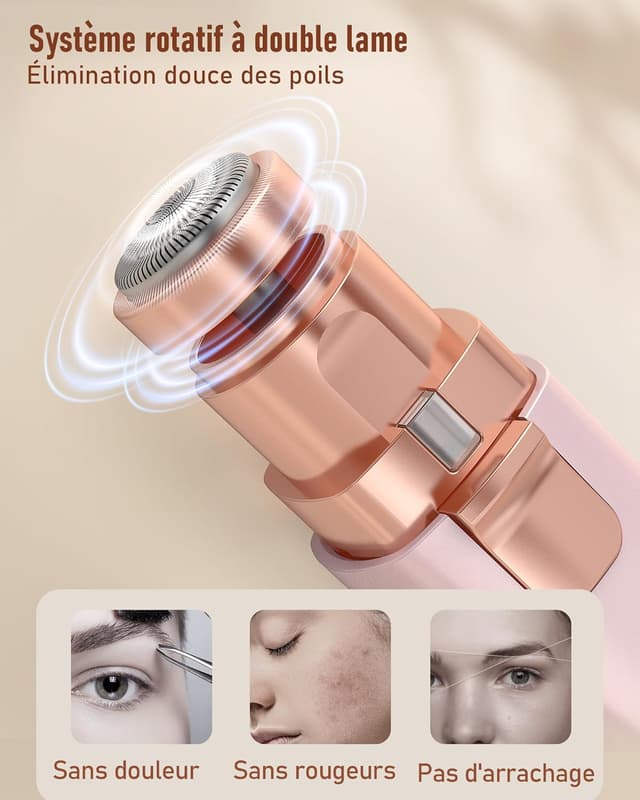 Detalle de Tondeuse à sourcils & rasoir visage femme 2 en 1 rechargeable avec LED (rose)