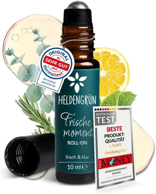 Detalle de Heldengrün® BIO Roll-On „Frischemoment“ – Konzentration & Fokus mit Bio-Pfefferminze, Eukalyptus, Rosmarin und Zitrone
