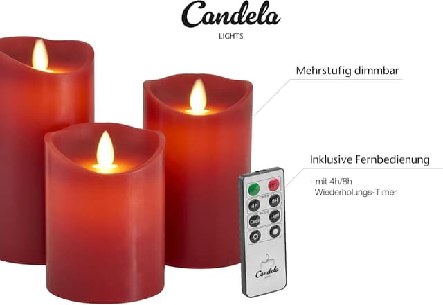 Detalle 2 de LC Home Candela Lights LED-Kerzen-Set in Rot (Echtwachsoptik), 3-teilig mit Fernbedienung, Timer & mehrstufig dimmbar