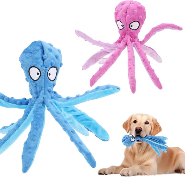 Detalle de RAYITO Octopus Dog Toys no-stuffing squeaky plush with crinkle paper (Purple/Blue) for small to medium dogs