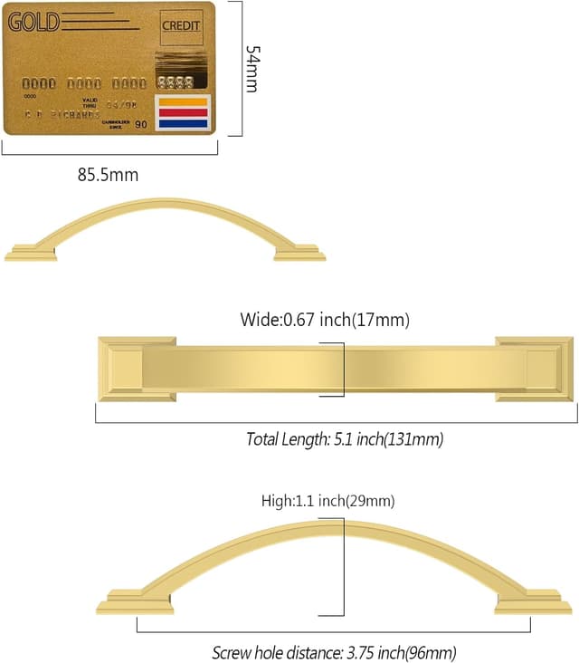 Detalle de Amerdeco set da 10 maniglie per mobili oro opaco con interasse fori 96 mm (UK0082)