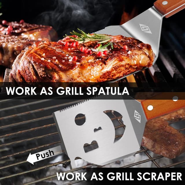 Detalle de Grillspatel für Grill – 7-in-1-Grillwerkzeug mit Holzgriff (Smiley-Grill-Spatel)
