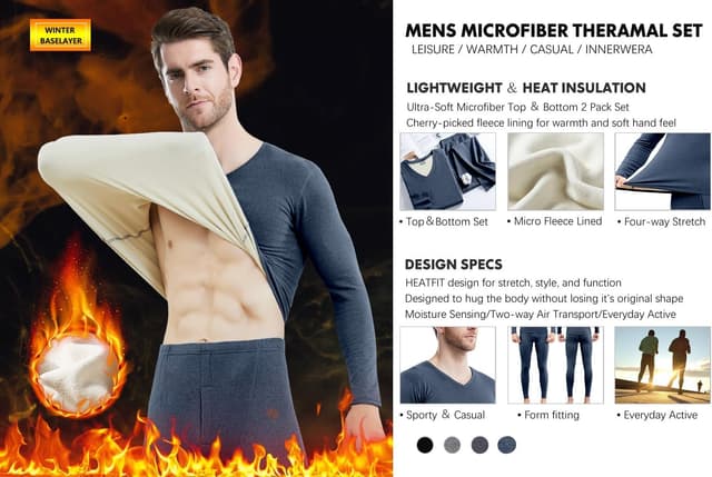 Detalle 2 de Boyzn Men’s Fleece Lined Thermal Underwear Set (Long Sleeve Top & Long Johns)