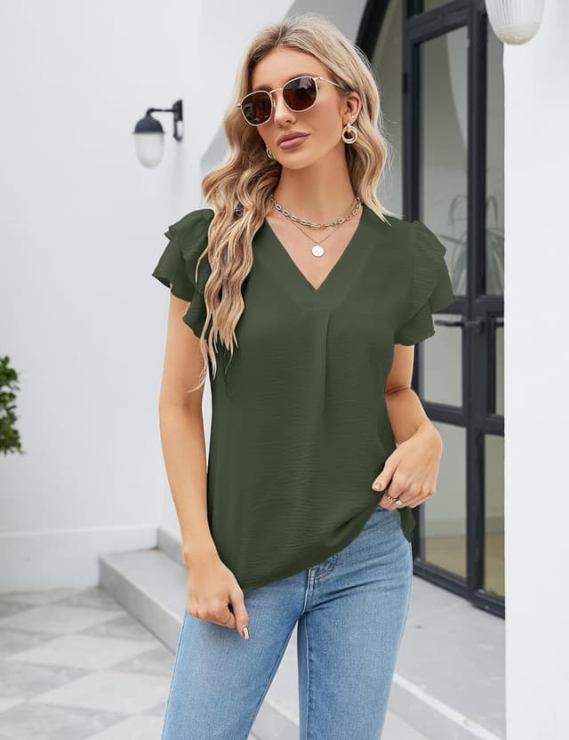 Detalle de BUNSLOOM Damen-Bluse aus Chiffon mit V-Ausschnitt, Kurzarm und Puffärmeln – Sommer-Casual für Büro & Alltag