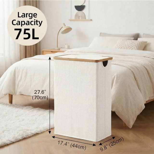 Detalle de efluky Slim Laundry Basket with Lid (Removable Bag) — Narrow 75L Hamper for Tight Spaces