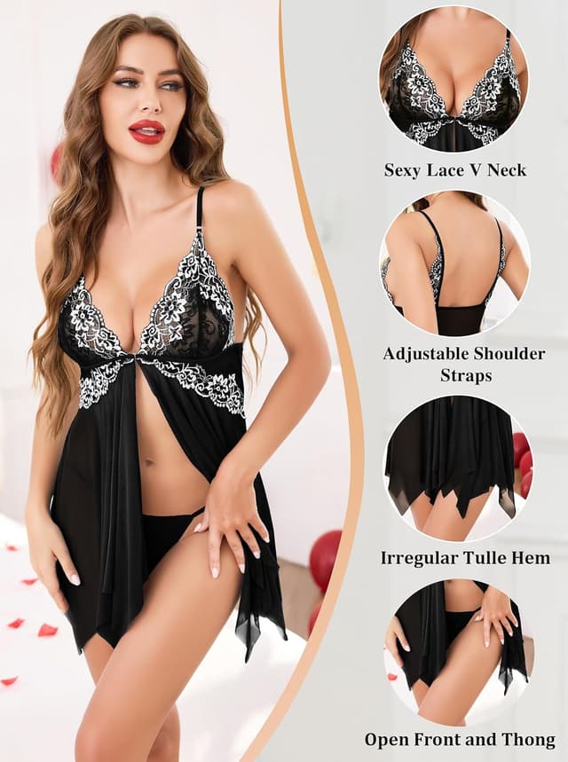 Detalle de Wikoan Nuisette femme en dentelle avec bretelles réglables et string (S à XXL)