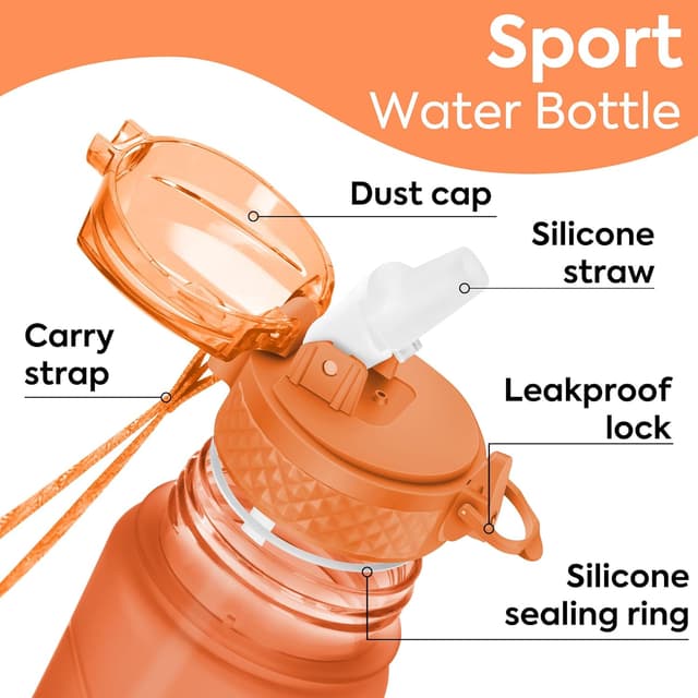 Detalle de OLDLEY 450ml/15oz BPA-free water bottle with straw, time markings and one-touch lid