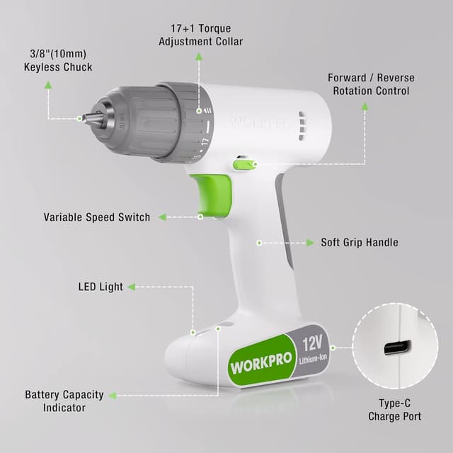 Thumbnail 1 de WORKPRO Atornillador Inalámbrico 12V 17+1 Par