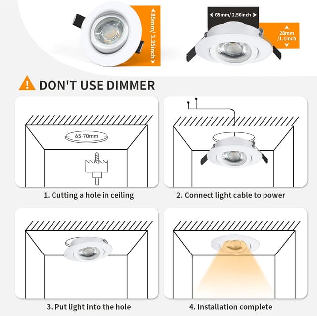 Detalle de wowatt 10er LED Einbaustrahler dimmbar, weiß, IP44, 5,5W – 230V Ersatz für 60W Halogen