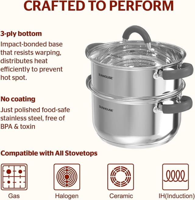 Detalle de SUNHOUSE 3-Quart Steamer Pot for Vegetables 🍲