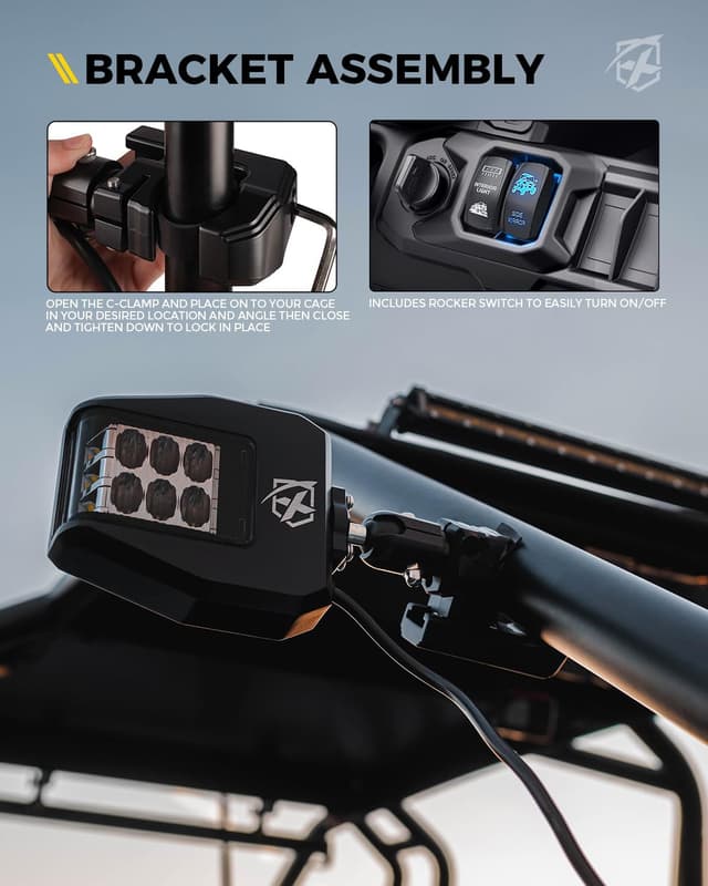 Thumbnail 6 de Xprite Classic UTV Side View Mirrors w/ LED Spot Light, Smoke Lens (Fits 1.75"–2" Roll Cages)