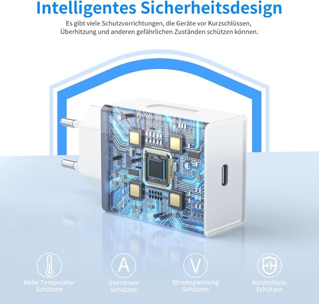 Detalle 2 de 20W USB‑C Netzteil mit Schnellladekabel (2 m) – Typ C Power Adapter für iPhone 14/13/12/11/XS/XR/8 Plus