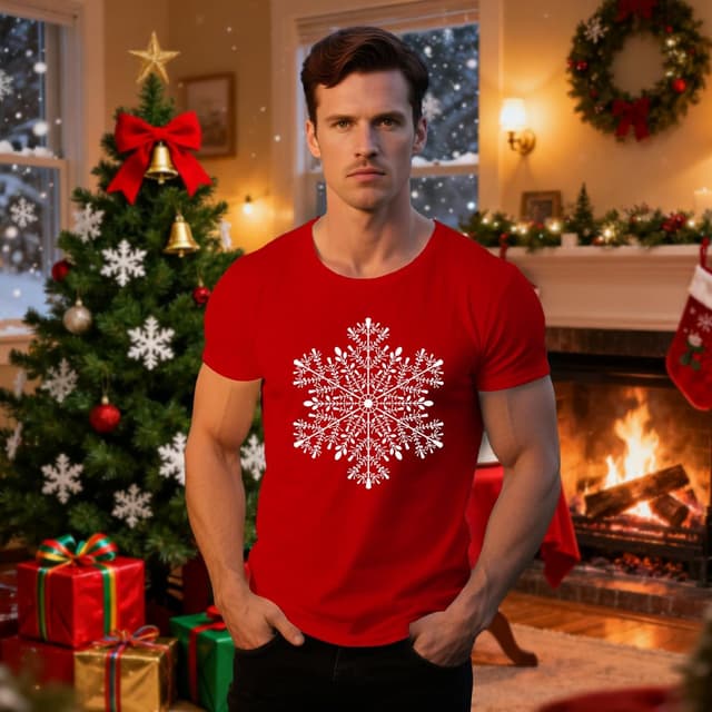Detalle de Qskall Christmas T Shirts for Men – Snowflake Holiday Tee in Red or Deep Green