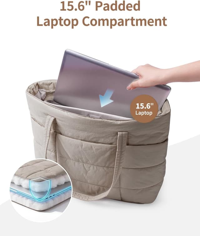 Thumbnail 6 de Narwey Quilted Puffer Tote Bag for Women with Cup Holder and Padded 15.6" Laptop Compartment