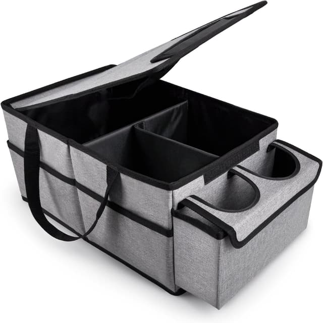 Detalle de GUWINA Car Backseat Organiser (Grey) with Lids and Straps – foldable multi-compartment storage for front, rear seats and boot