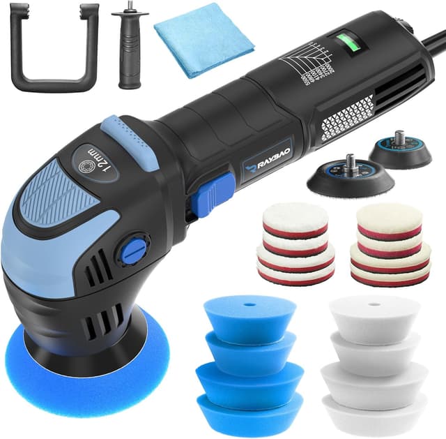 Detalle de Compact 2/3-inch dual action car polisher (750W) with 16 trapezoidal pads and buffers