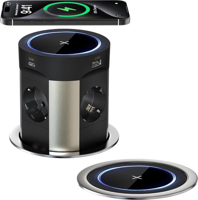 Detalle de Multiprise encastrable 9 en 1 avec 4 prises + 2 USB-C PD 75 W + charge sans fil 15 W (Ø100 mm, câble 1,8 m) – Noir