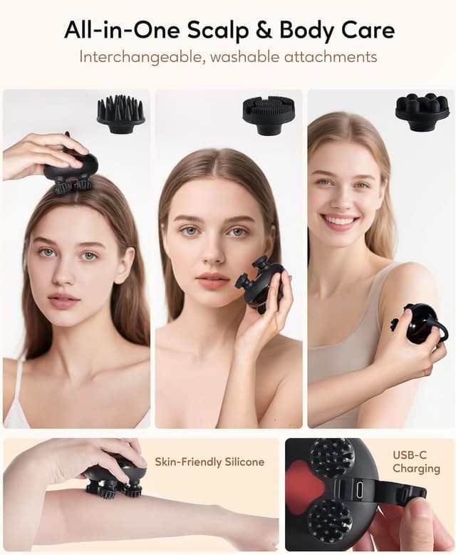 Detalle de arboleaf elektrisches Kopfmassagegerät mit 12 Silikonköpfen, 3 Modi und IPX7 (Schwarz)