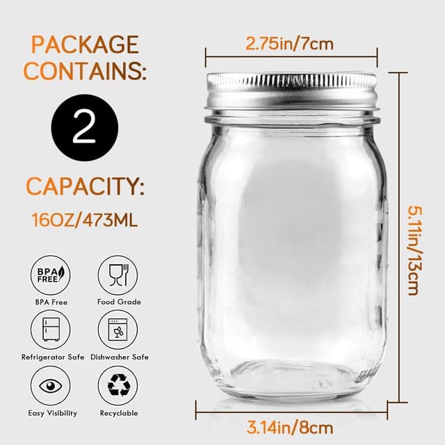 Detalle de Showvigor 2-Pack Regular Mouth Mason Jars (16oz) with Airtight Lids for Canning, Meal Prep & Preserving