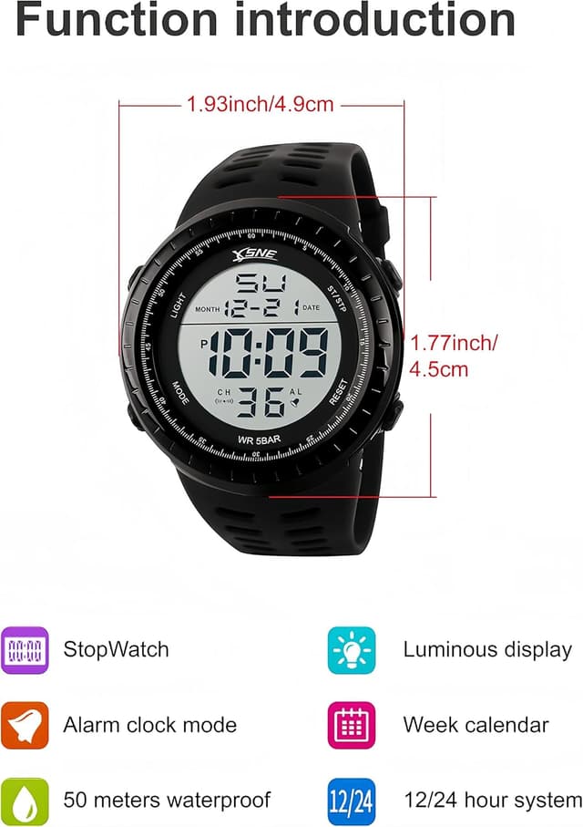 Detalle de SNE Men’s Digital Big Face Waterproof Electronic LED Sport Wrist Watch (Black) SK1167