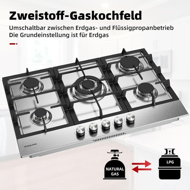 Detalle de GASLAND GH2705SS1FC 76 cm Einbau-Gaskochfeld aus Edelstahl mit 5 Brennern (Wok-Brenner, 10.400 Watt)