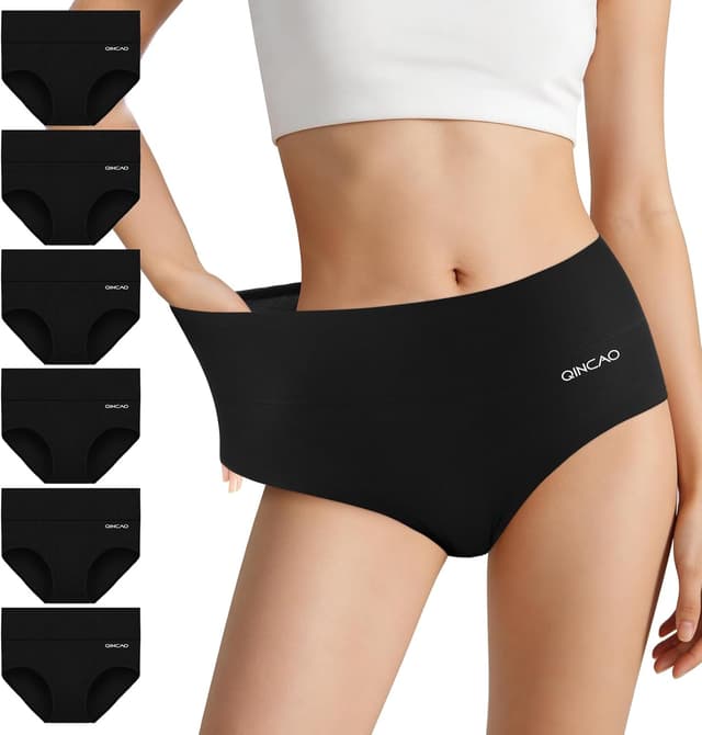 Detalle de QINCAO Culottes femme taille haute en coton (pack de 6) – ceinture élastique double couche, sans étiquette
