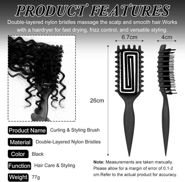 Detalle 2 de Brosse à boucles noire pour démêlage doux (poignée ergonomique, antistatique)