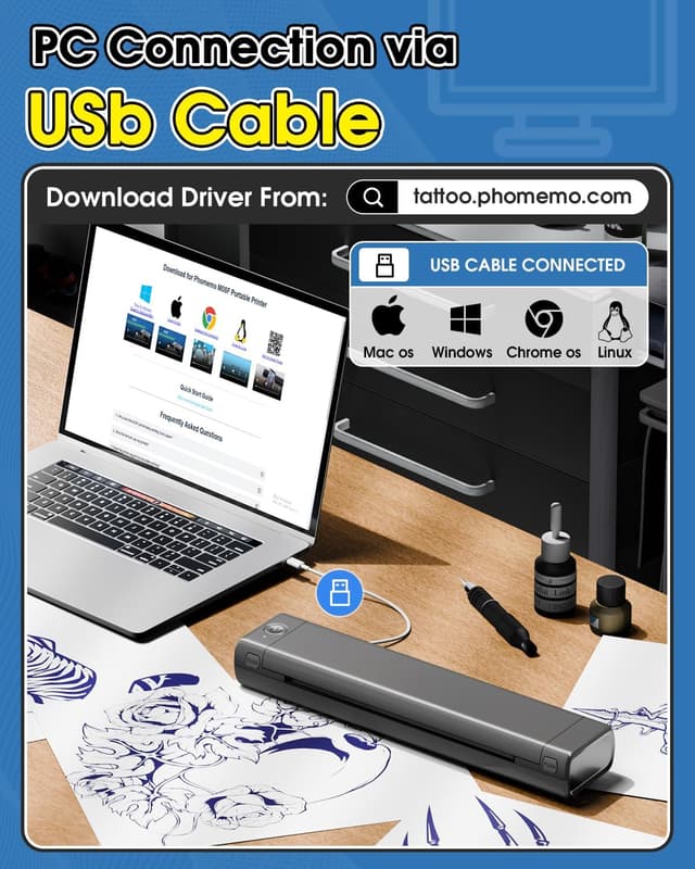 Detalle de Phomemo M08F Tattoo Stencil Drucker (Bluetooth, Thermodruck) inkl. 10 Transferpapier