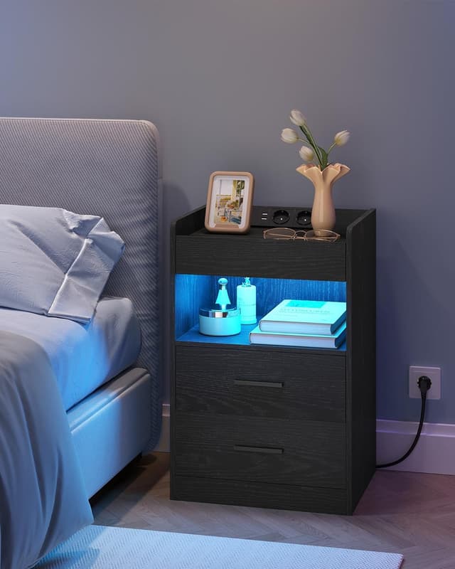 Detalle 2 de Hzuaneri table de chevet avec compartiment caché, éclairage LED, 2 prises et 2 ports USB (Noir NS33504XEU)