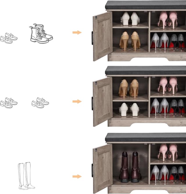 Detalle 2 de HOMSHO 2-Tier Storage Bench (27.6" Wide) with Padded Seat Cushion, Barn Doors & Adjustable Shelf, Greige