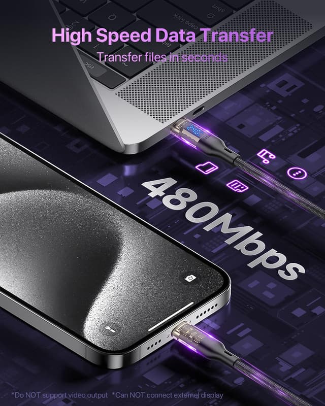 Detalle 2 de VisionSync 240W USB‑C auf USB‑C transparentes Kabel mit LED‑Anzeige (2er‑Pack, 2 m) – für Schnellladung