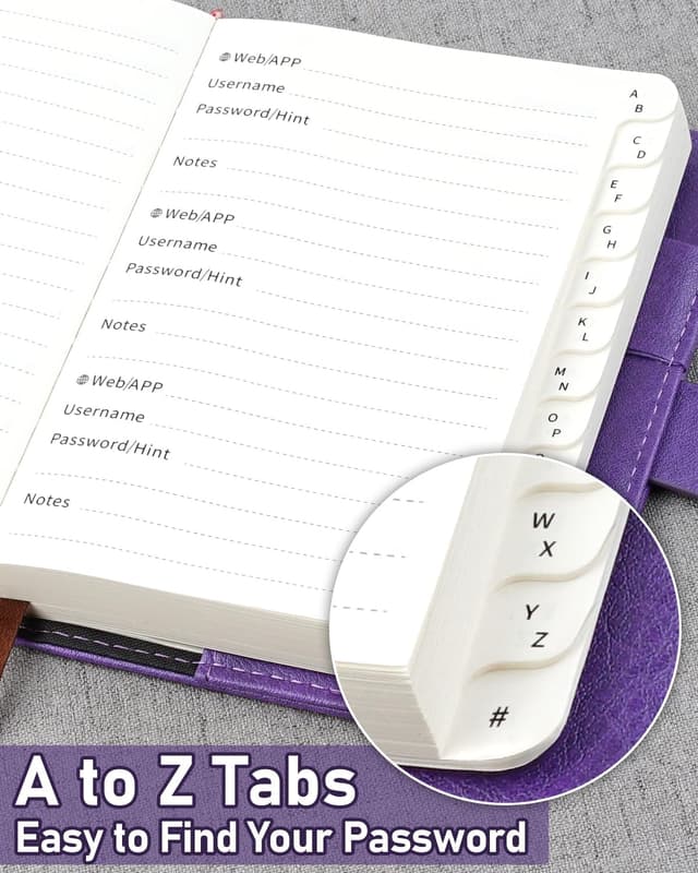 Thumbnail 6 de WEMATE Passwortbuch mit Schloss (violett) – abschließbarer Passwort-Organizer mit alphabetischen Registern