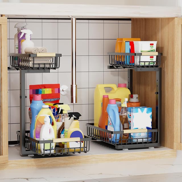 Detalle de OUUTMEE Küchen Organizer für unter dem Spülbecken – 2er-Set, höhenverstellbar 35,5–43 cm, Metall schwarz