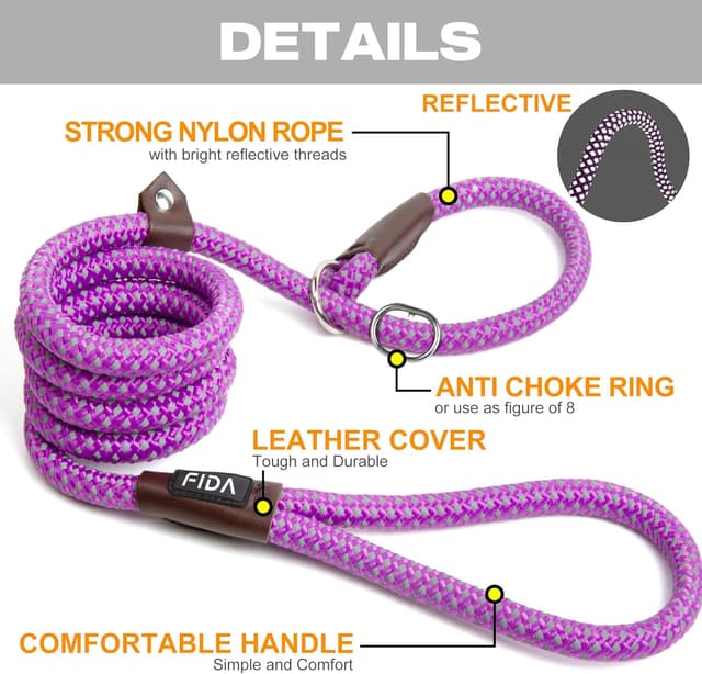 Detalle 2 de Fida slip lead for dogs (1.8m) – slip-on rope leash with reflective stitching