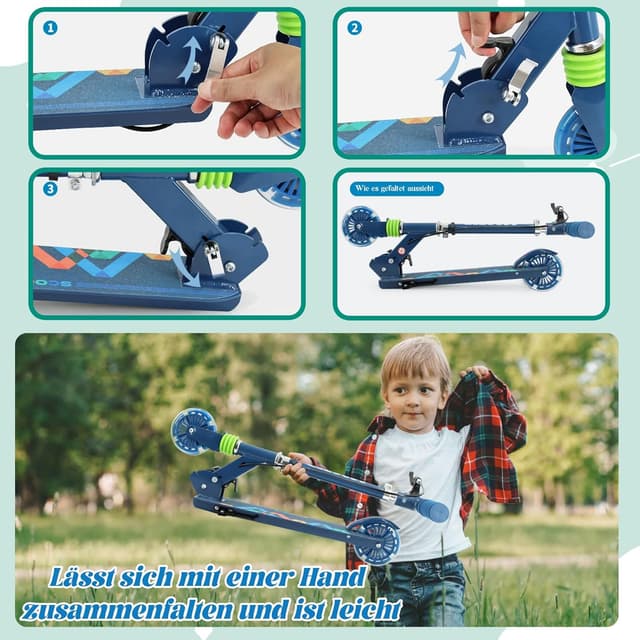 Detalle de TENBOOM Roller Kinder ab 3 Jahren mit 2 Rädern, klappbar, 3 höhenverstellbar und LED-Räder