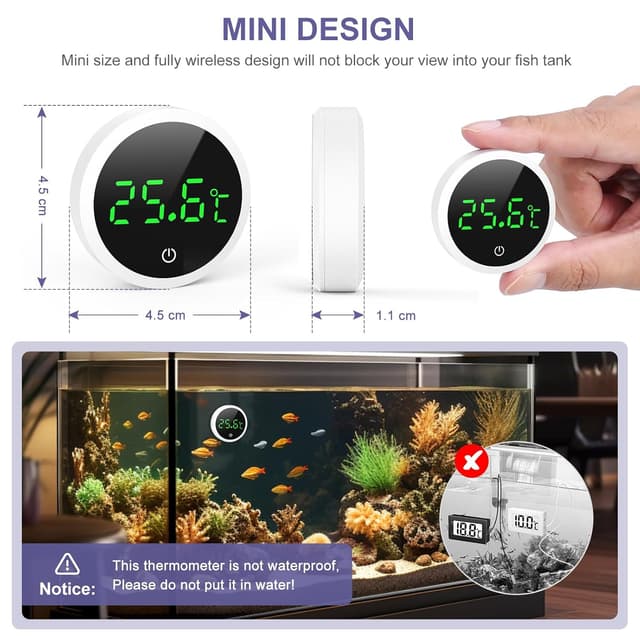 Detalle 2 de OQIMAX Digital Aquarium Thermometer with LED Display (stick-on, touch buttons) – White