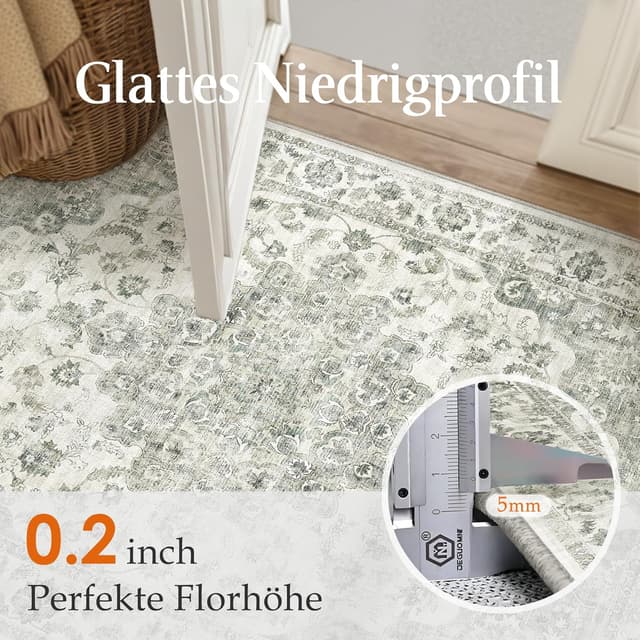 Detalle de HUGEAR Vintage grüner waschbarer Kurzflor-Teppich für Eingangsbereich & Bad, 60x90 cm