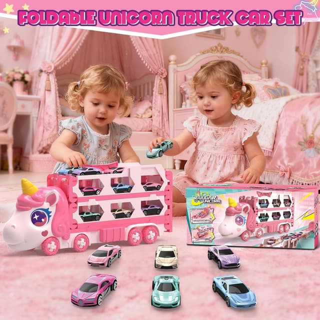 Detalle de maysida Unicorn Transport Truck with 6 Race Cars (Portable, Foldable) for Age 3–9