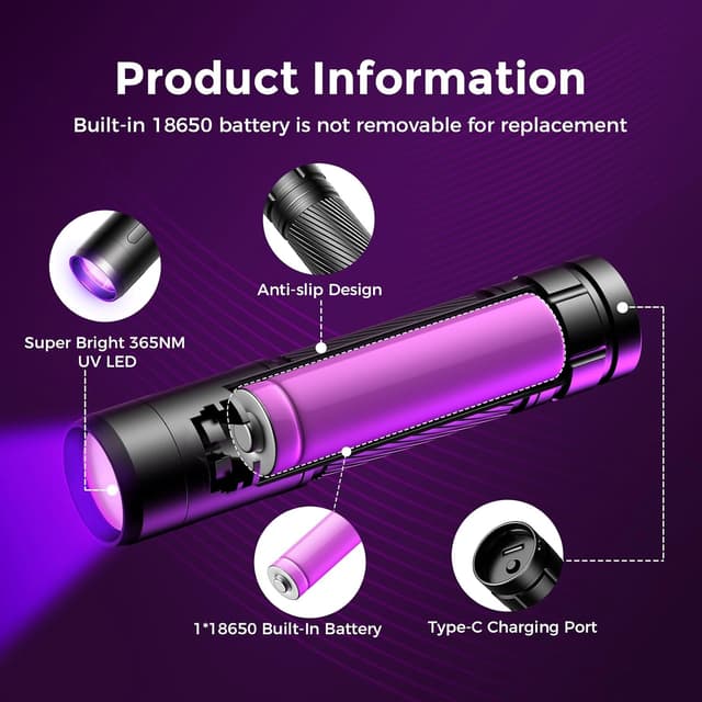 Detalle de GEARLITE UV Torch Rechargeable Ultraviolet Flashlight (395nm) – Mini UV Black Light Detector