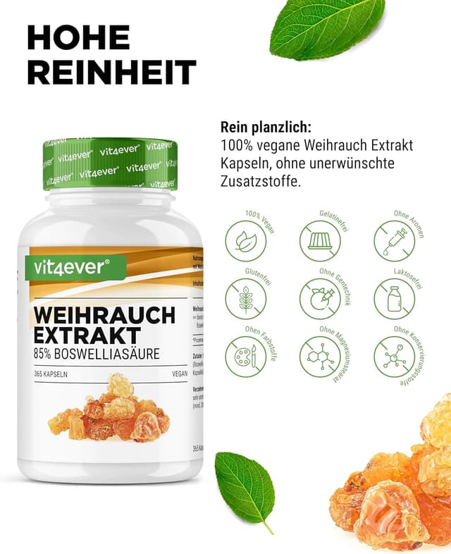 Detalle de Vit4ever Weihrauch-Extrakt 365 Kapseln (Premium, 85% Boswellia-Säure) – vegan, laborgeprüft