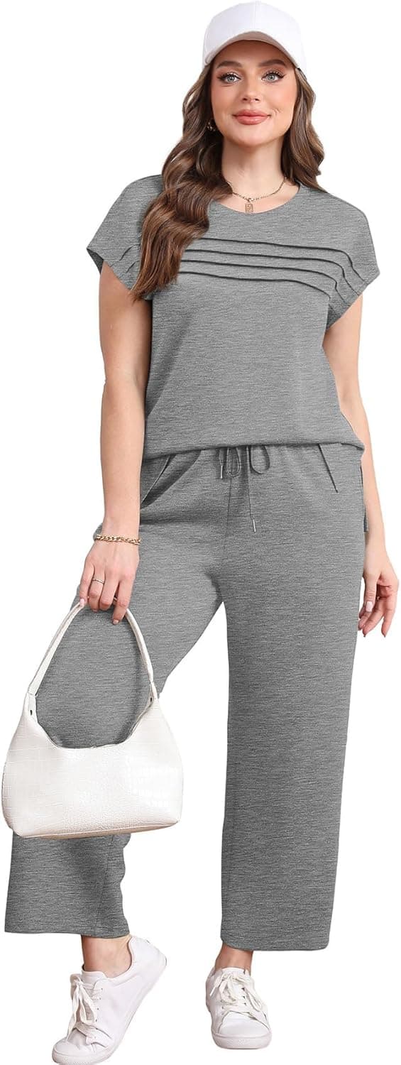 Detalle de WIHOLL Two-Piece Women’s Cap Sleeve Lounge Set with Wide-Leg Crop Pants (S–3XL)