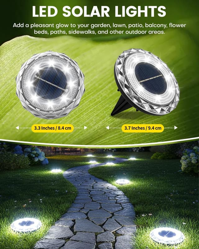Detalle de 8 Pack Solar Ground Lights Outdoor – 8 LED Solar Disk Lights with 600mAh Battery, IP68 Waterproof (Bright White)