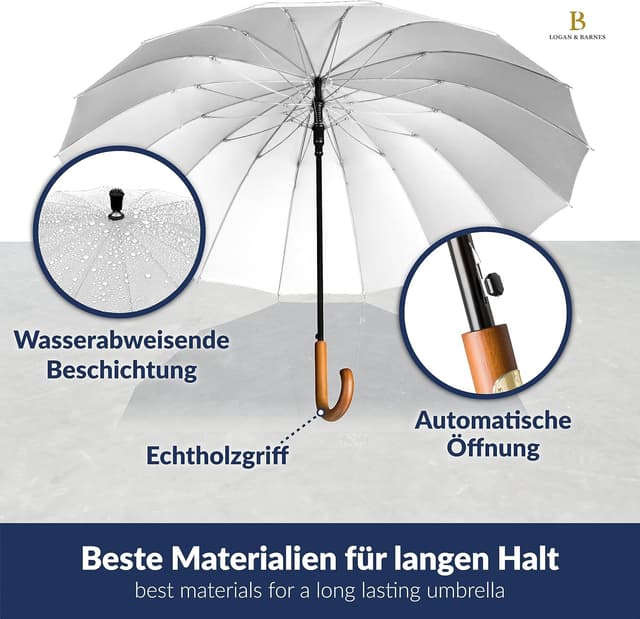 Detalle de LOGAN & BARNES Stockschirm Sturmfest XXL „EDINBURGH“ Ø120 cm mit Echtholzgriff und geräuschloser Gummispitze
