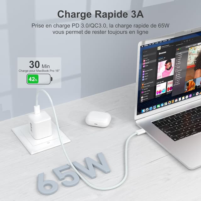 Detalle de Chargeur USB-C 65 W YISH avec GaN, prise secteur et câble USB-C 1 m