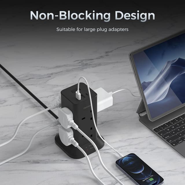 Detalle de TESSAN Tower Black 8-Way Extension Lead with USB-C and USB-A Ports (2m) — Surge Protected