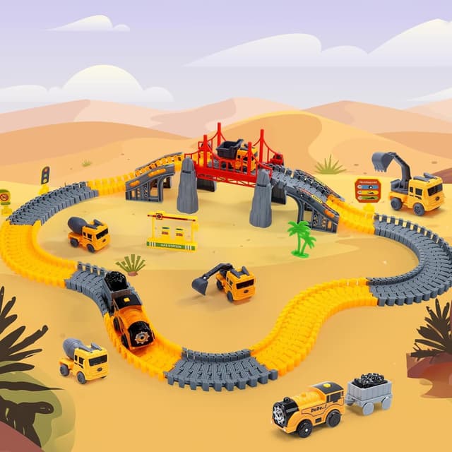 Detalle de EagleStone Konstruktions Rennbahn-Set für Kinder mit 206 Teilen (Flex-Gleise, elektrische Bahn, Baustellenfahrzeuge)