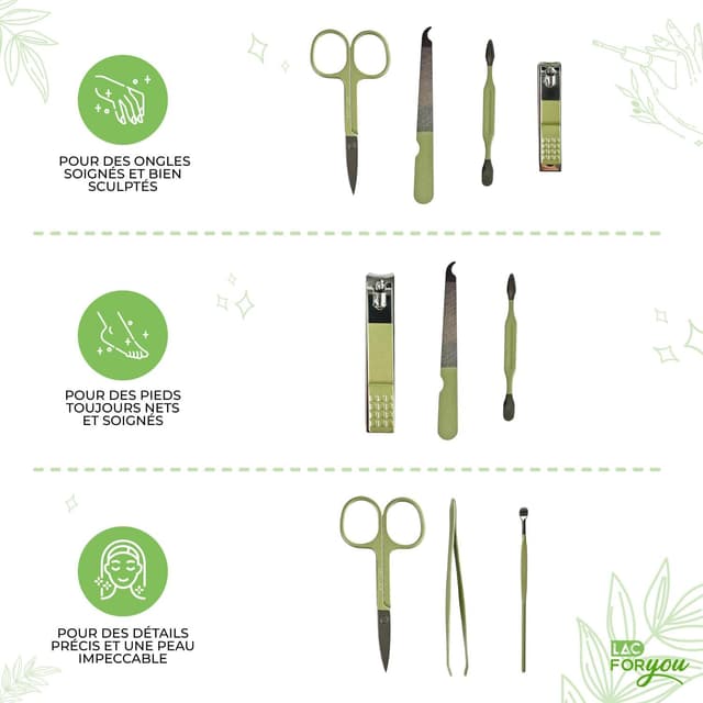 Detalle de LAC FOR YOU Kit manucure 7 pièces pour mains et pieds (trousse voyage) – vert