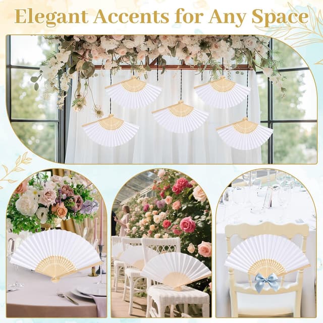 Detalle de iZoeL set da 12 ventagli pieghevoli bianchi con carta e manico in bambù